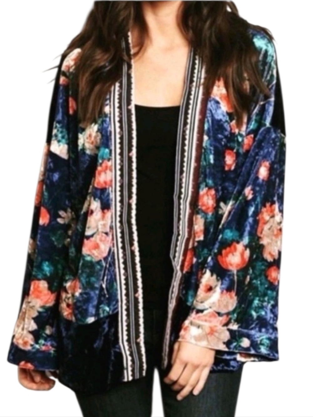 Loveriche LG Calliope Boho Festival Velour Floral Kimono Jacket Drop Shoulder - Picture 1 of 14